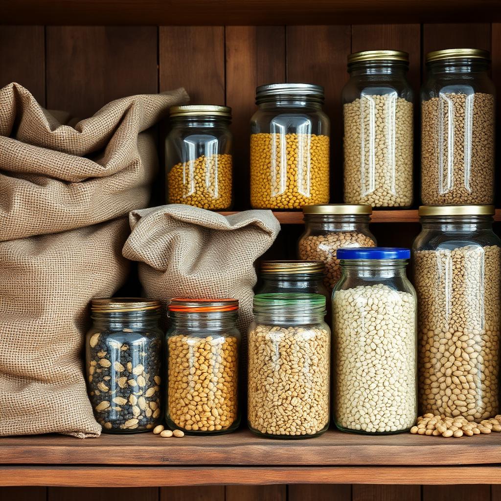 Affordable plant pantry: jars of beans, lentils, sorghum, samp, rice, oats and peanuts on a rustic shelf