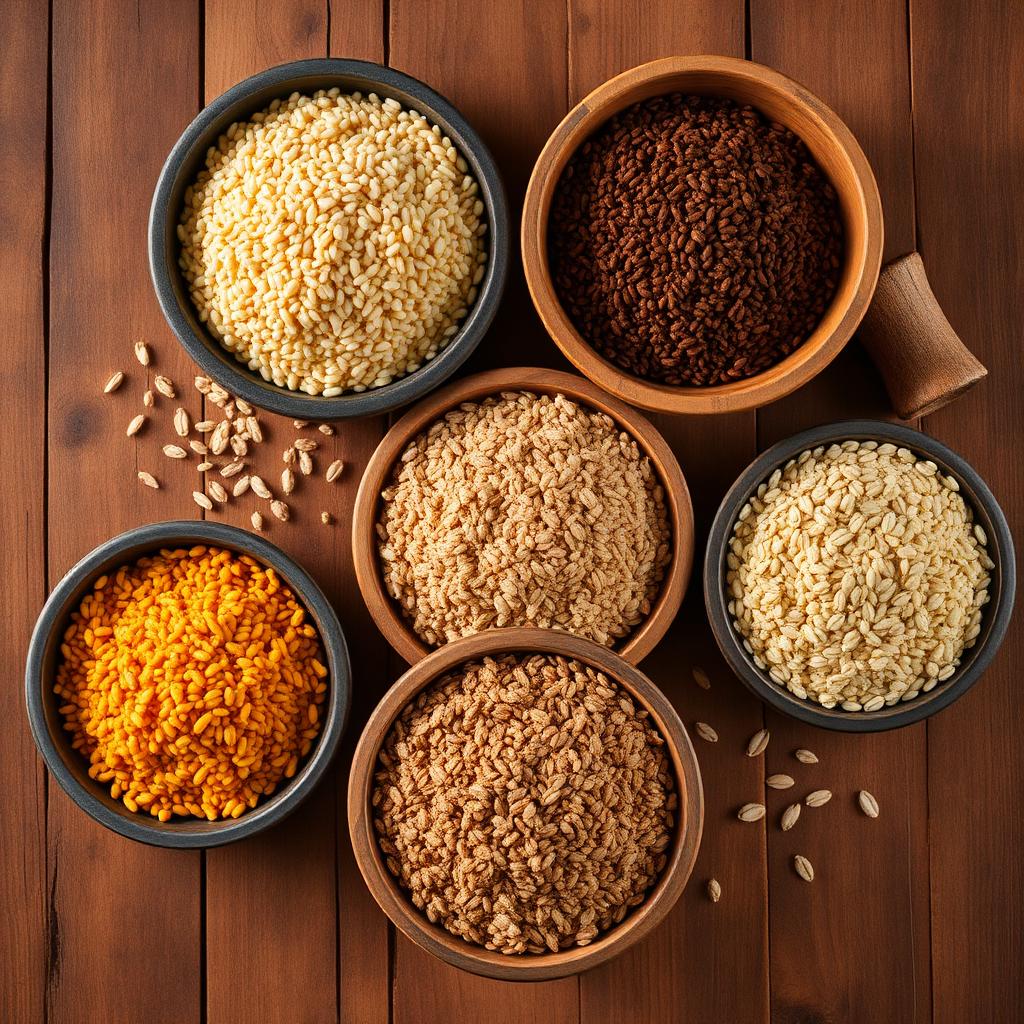 Bowls of sorghum, millet, brown rice and African whole grains on a rustic wooden surface