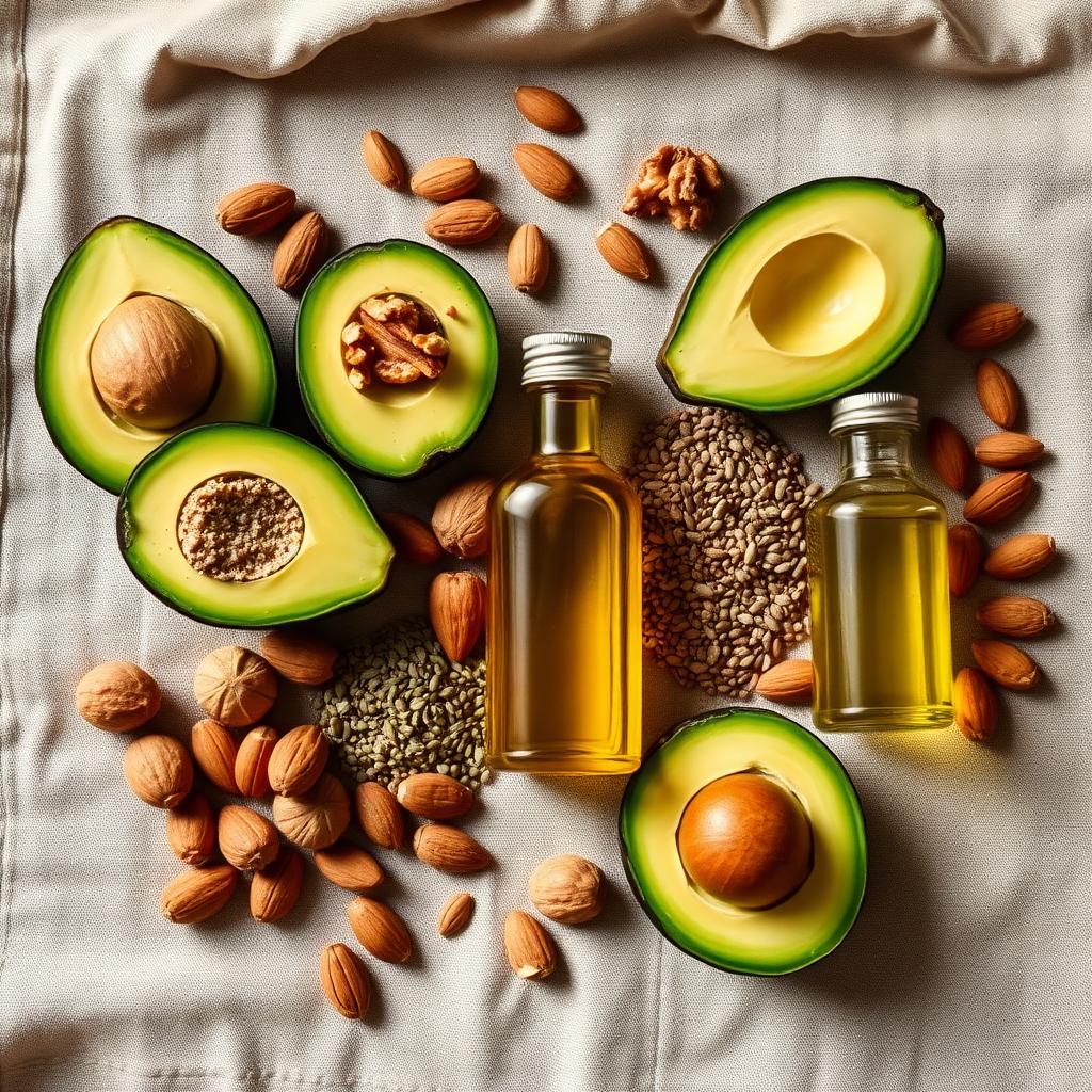 Flat lay of avocado, walnuts, almonds, chia, flax, hemp and sesame seeds with olive oil