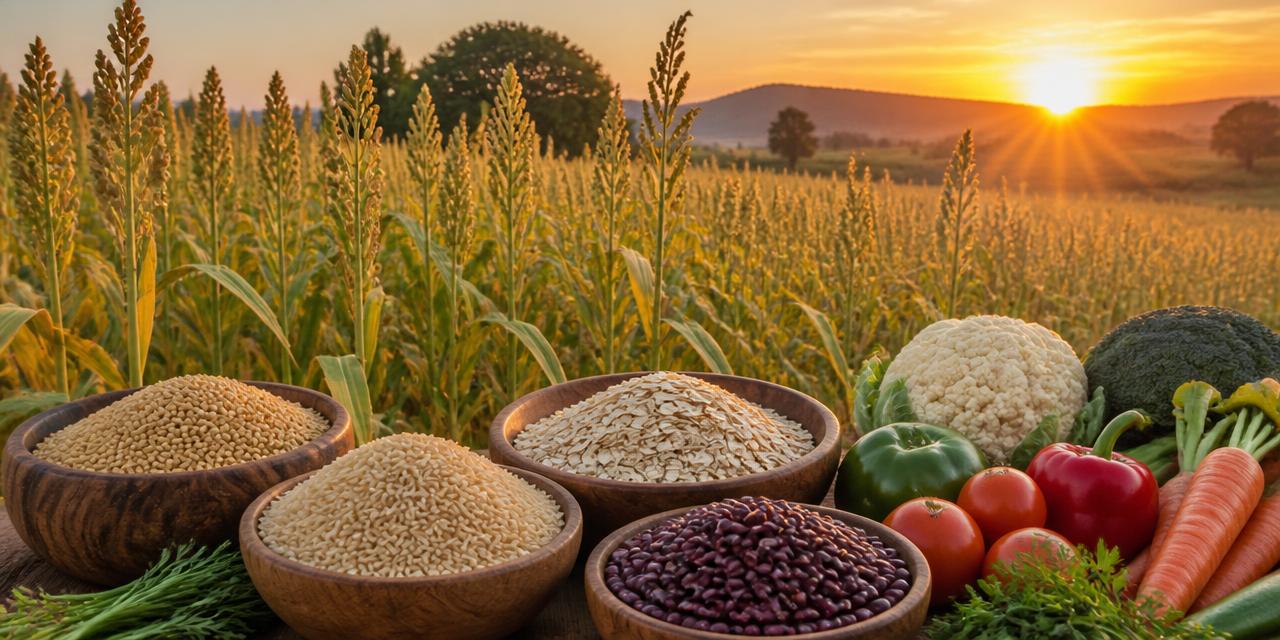 Golden sorghum field with bowls of whole grains, beans and fresh vegetables