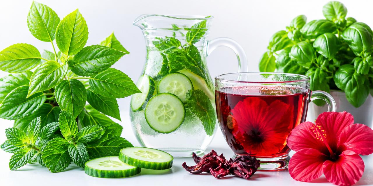 Infused water pitcher with cucumber and mint, hibiscus tea and fresh herbs