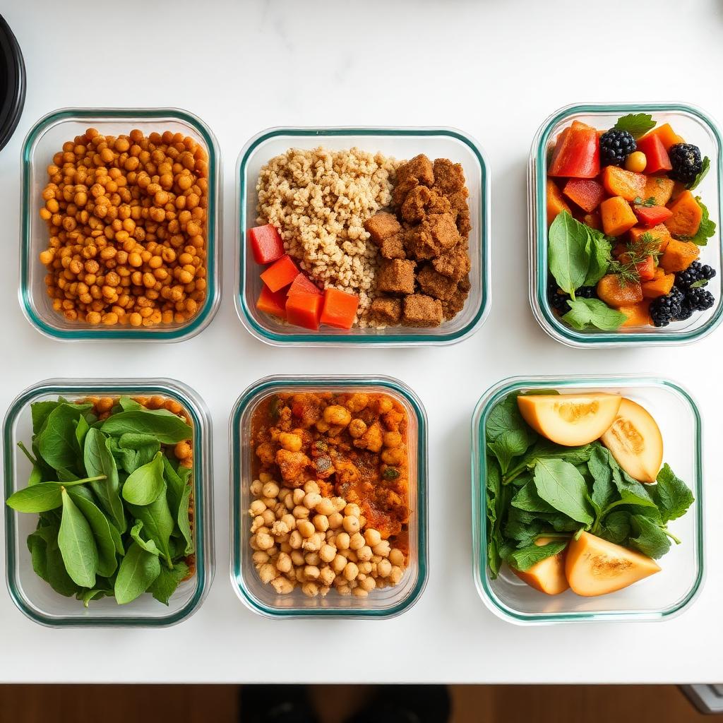 Weekly meal prep containers with lentils, brown rice, roasted vegetables and fresh greens