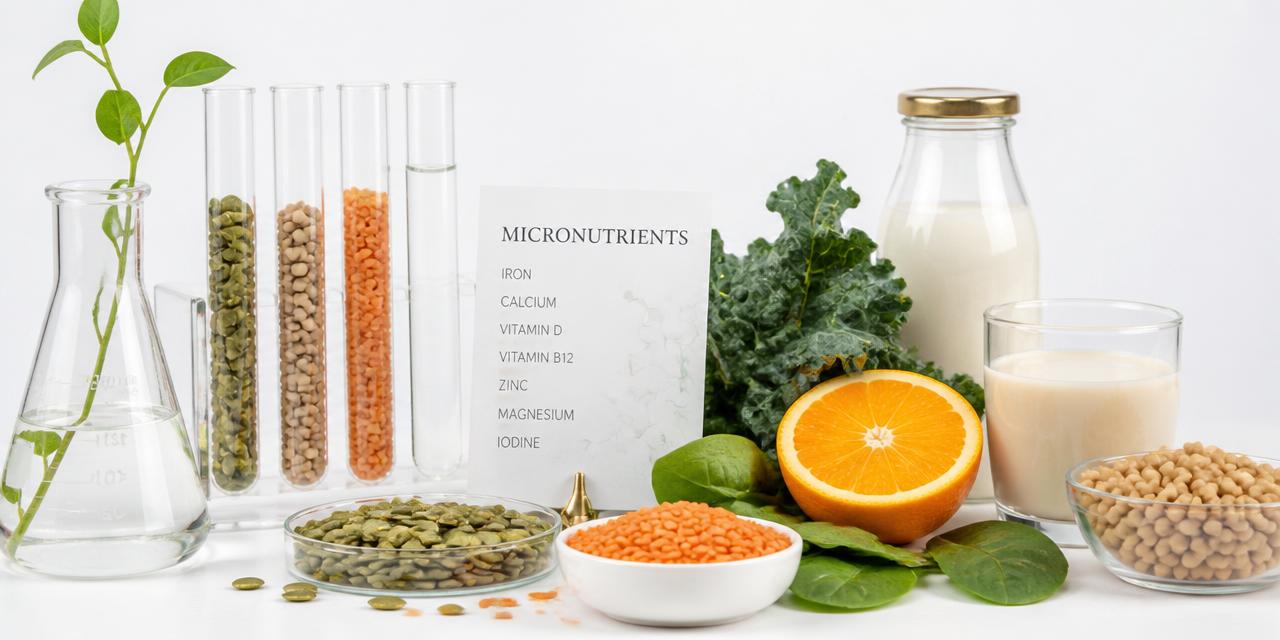 Elegant micronutrient composition with laboratory glassware and nutrient-rich plant foods