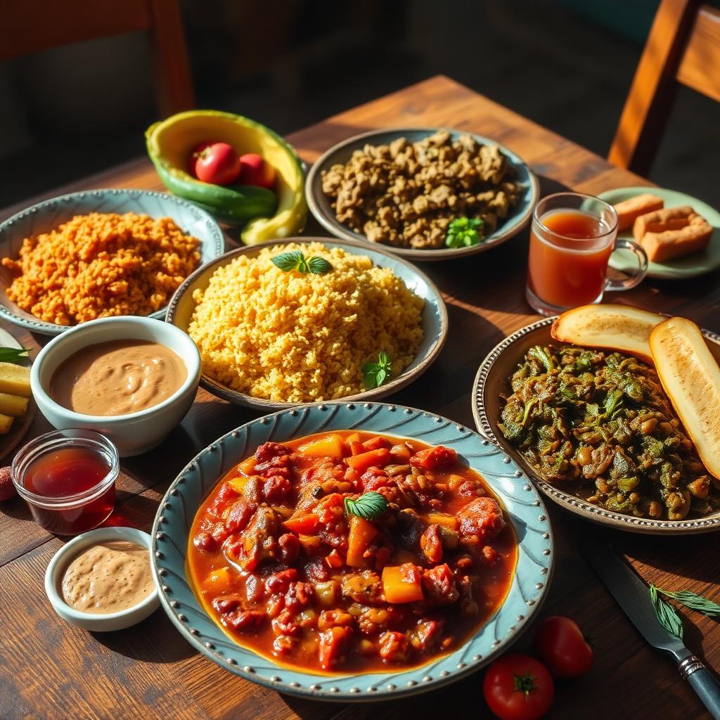 Vibrant African vegan spread: jollof rice, bean stew, morogo, plantain, peanut sauce and hibiscus tea