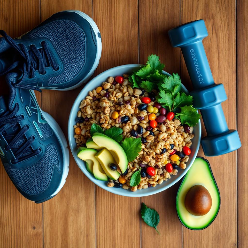 Colourful African plant-based bowl of grains, beans, greens and avocado beside running shoes and a dumbbell