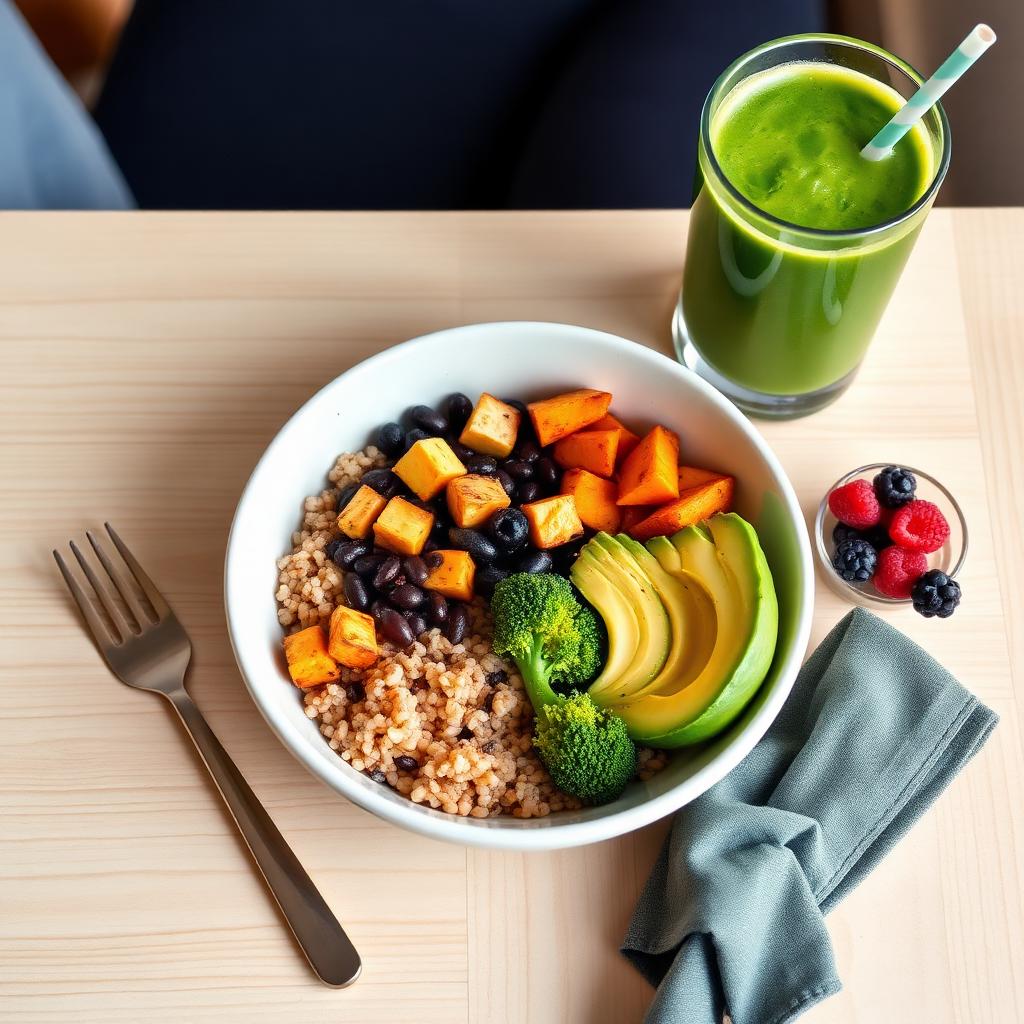 Plant-based athlete recovery bowl with brown rice, beans, tofu, vegetables and a green smoothie
