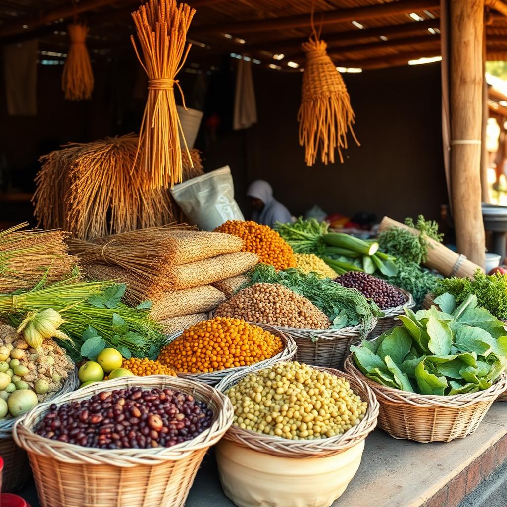 Vibrant African market stall with sorghum sheaves, legumes and indigenous leafy greens