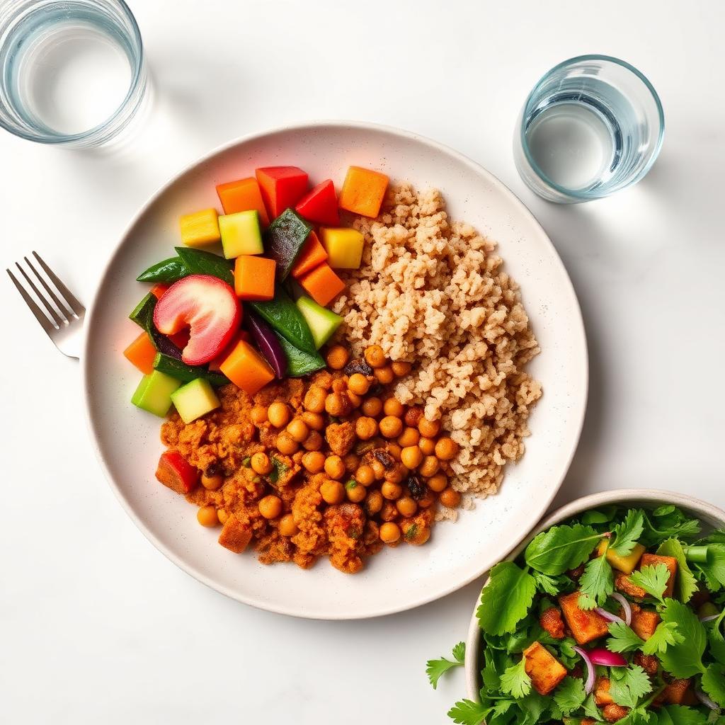 Balanced plant-based plate with half vegetables, brown rice and a chickpea stew, with water